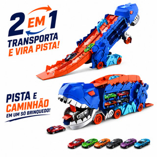 Caminhão Dinossauro T-Rex Cegonha Pista Lançador 4 Carrinhos Maleta