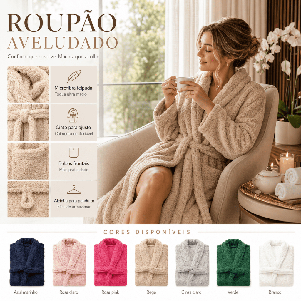 Roupão Aveludado  Plush Flannel Fleece Unissex Manga Longa Luxo Com Bolso Quentinho