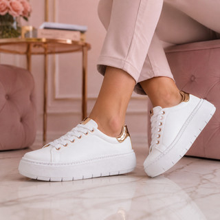 Tênis Branco Feminino Moda Casual Urbano Fashion Sola Reta Leve Cadarço Passeio Presente Gold