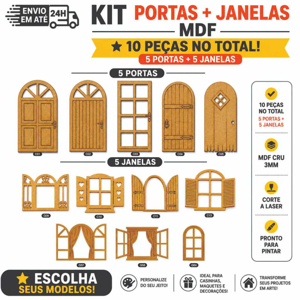 Kit Janela Porta MDF Cru 3mm Miniatura Casinha Boneca Artesanato DIY Scrapbook Decoração Maquete Painel “Ler Descrição”