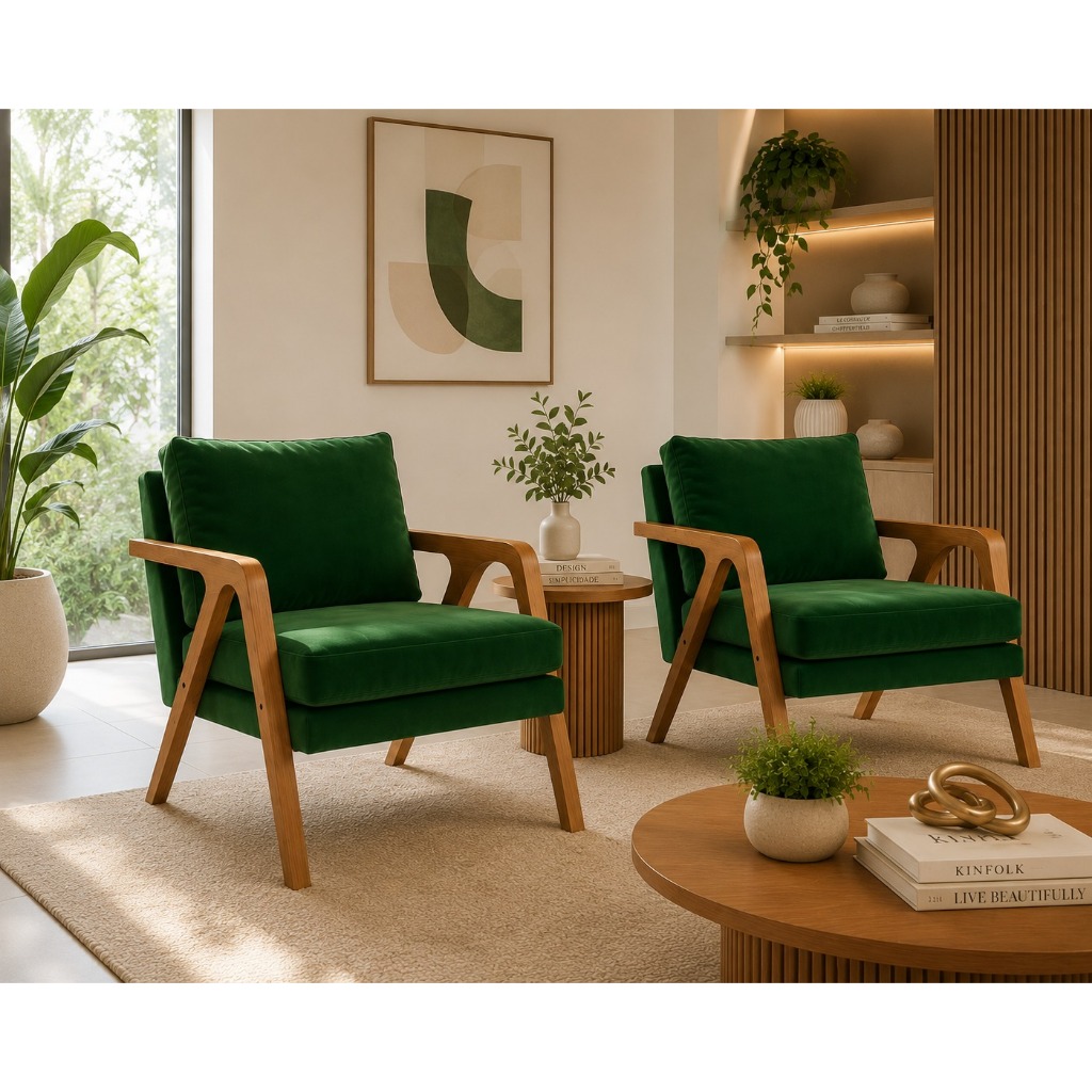 Kit 2 Poltrona Decorativa Mona tecido veludo verde Madeira Maciça Moderna Luxuosa Para sala clínica e consultório