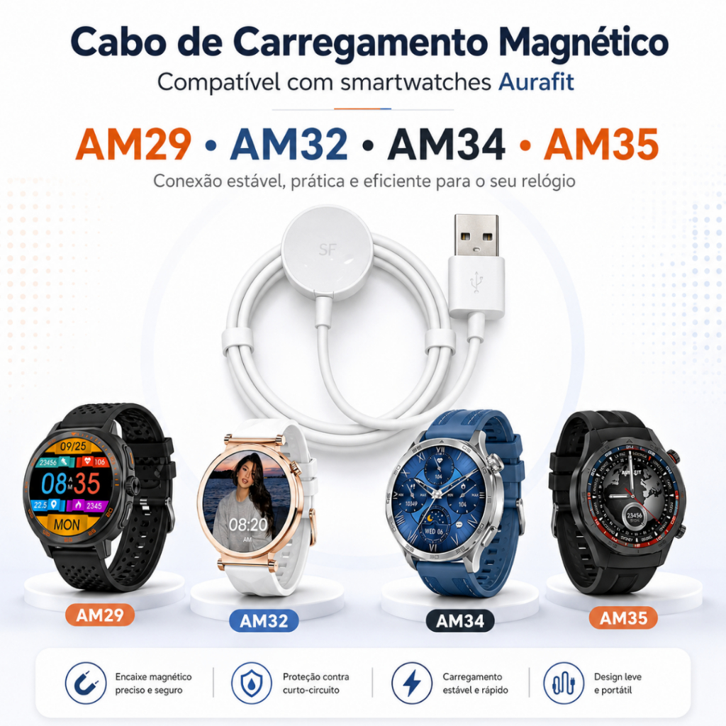 Carregador sem fio universal AURAFIT para smartwatches AM12/AM18/AM35/F39/G12/G6/ Trek , formato pequeno e redondo, USB
