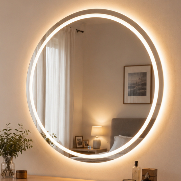Espelho Grande Redondo 50x50cm Jateado com LED Mais Forte de 3 Cores com Touch Banheiro Lapidado