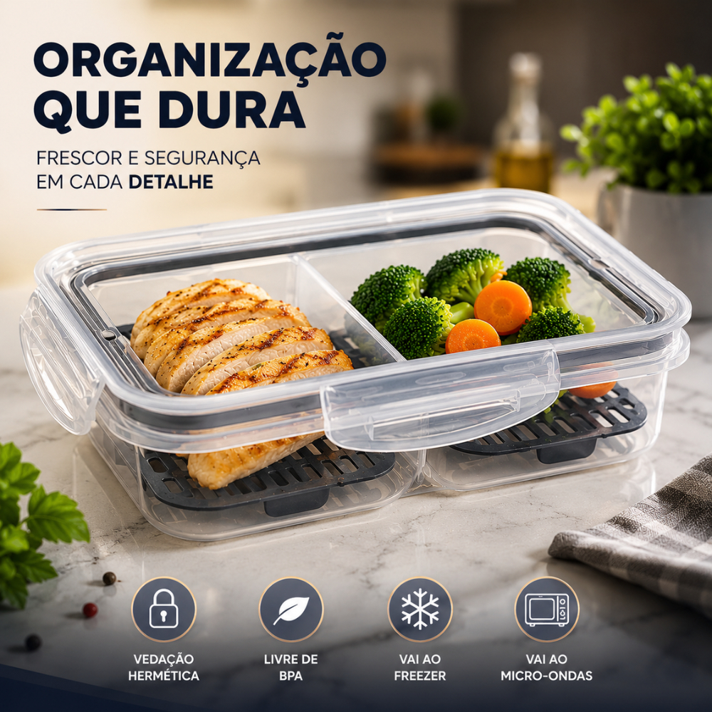 Pote Hermético Com 2 Divisorias Porta Frios Marmita Trava Cesto Escorredor Frutas Alimentos Plasutil