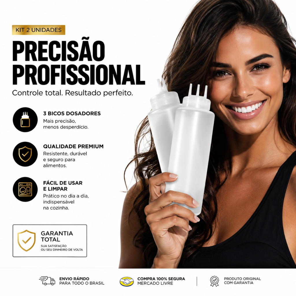Kit 2 Bisnaga de Bico Triplo 3 Bicos Profissional Buffet 1 Litro  Graduada Confeiteiro Molhos Caldas Ketchup