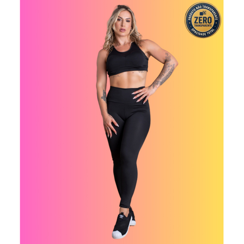 Conjunto Fitness Feminino Calça Legging Lisa Básica Cintura Alta E Top Nadador Com Tela Sustentação Academia RIQ Modas