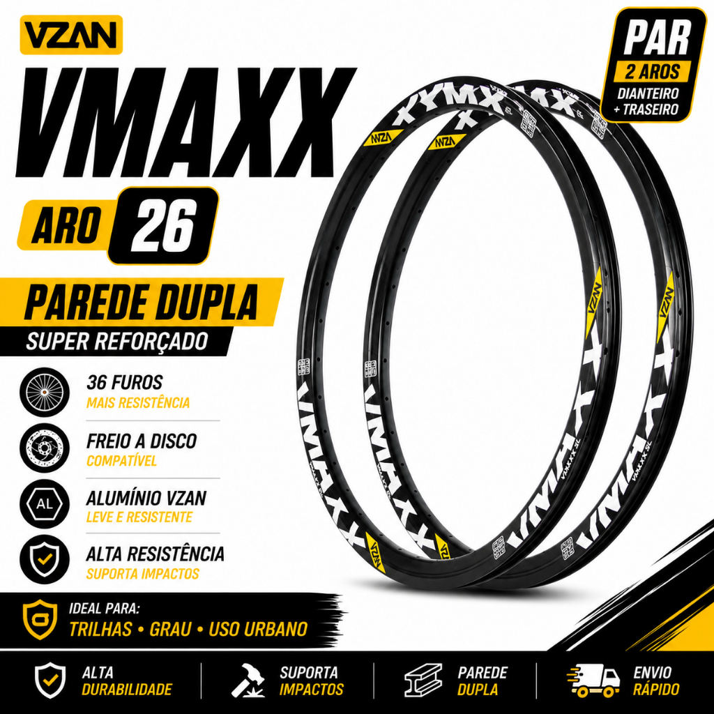 Par 2 Aro Vzan Vmaxx Preto Aro 26 Parede Dupla Reforçado SL Paredão Para Freio A Disco Freeride