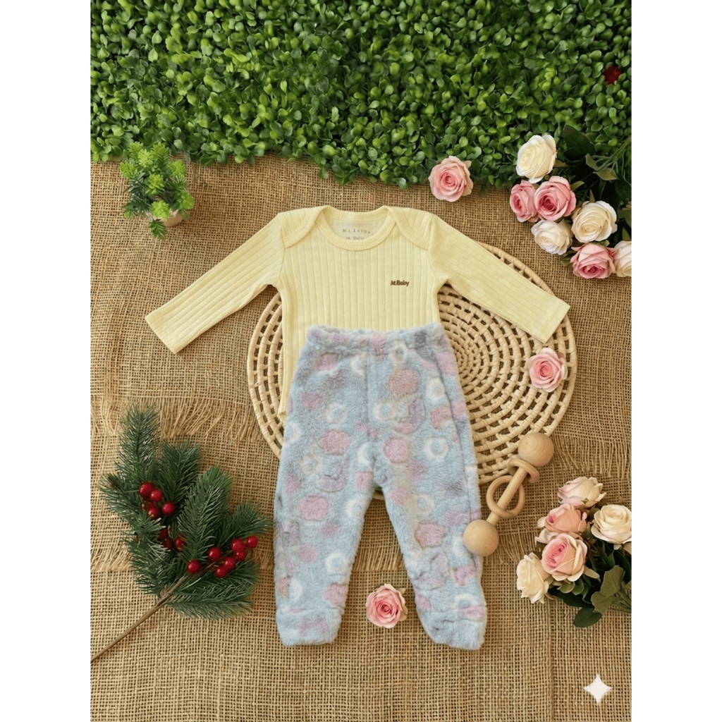 Conjunto Body e Calça Bebê Plush Peluciada Quentinha para o Inverno Algodão Macio Confortável