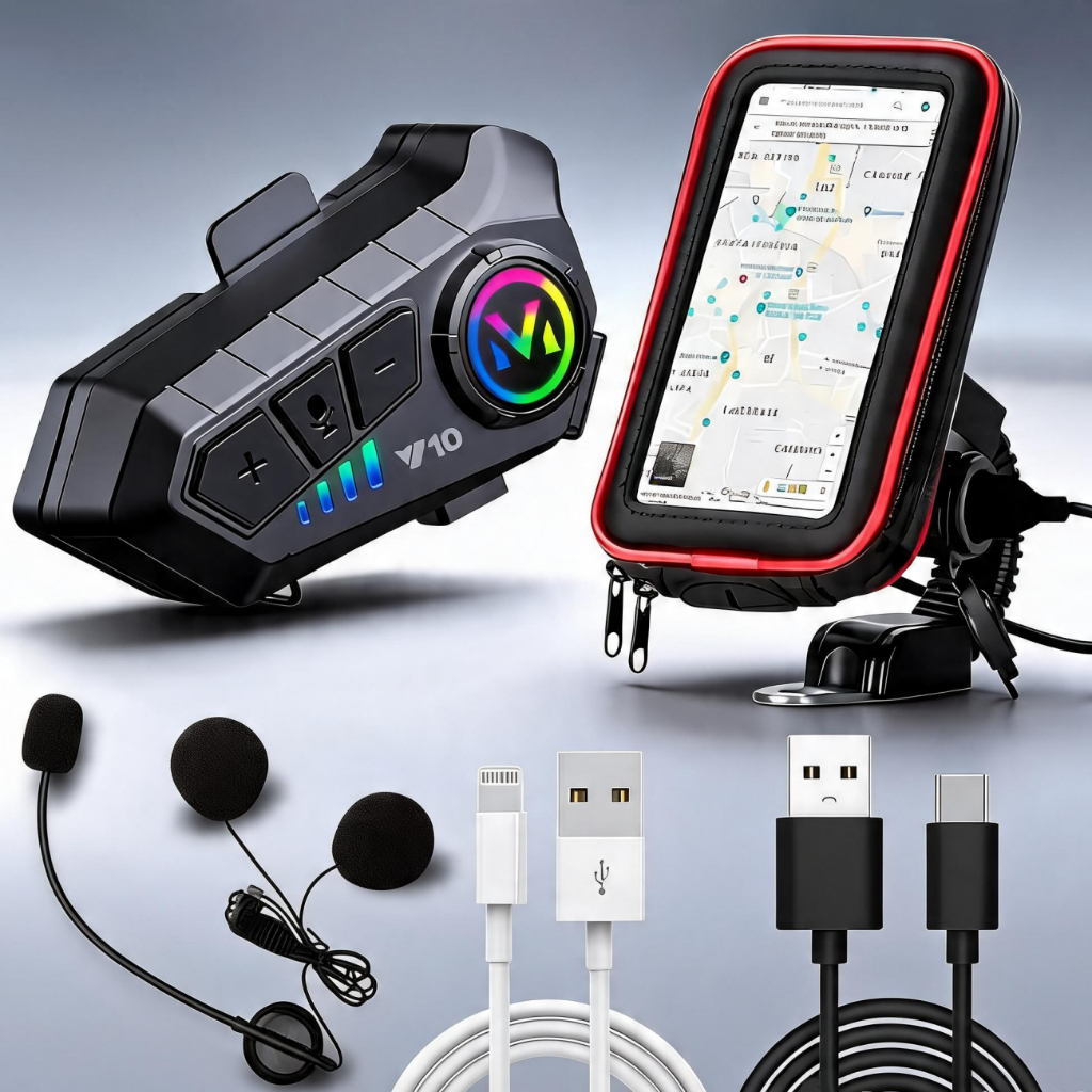 Kit Moto Fone Capacete Intercomunicador Bluetooth 5.3 + Suporte Celular 6,3” + Cabo TipoC/ Lightning