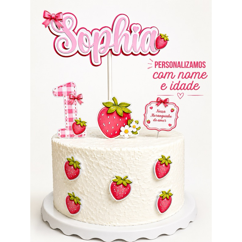 Topo de Bolo Morango Personalizado com Nome e Idade | Mesversário Moranguinho Aniversário Menina Decoração Festa