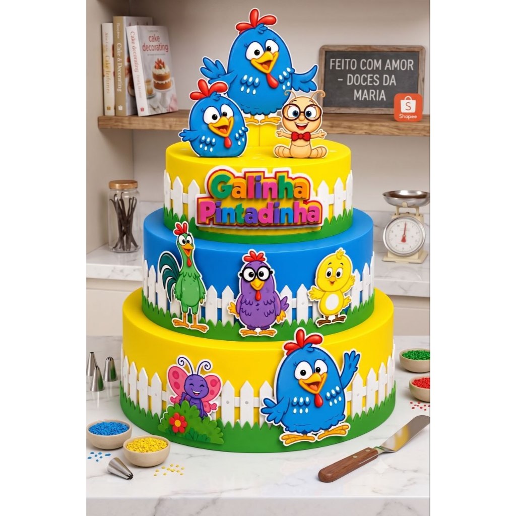 BOLO CENOGRAFICO GALINHA PINTADINHA EVA DECORAÇÃO FESTA INFATIL MENINA MENINO
