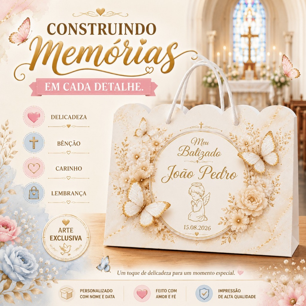 Sacolinha Personalizada Meu Batizado Borboletas Bolsinha Lembrancinha de Festa Pegue & Monte