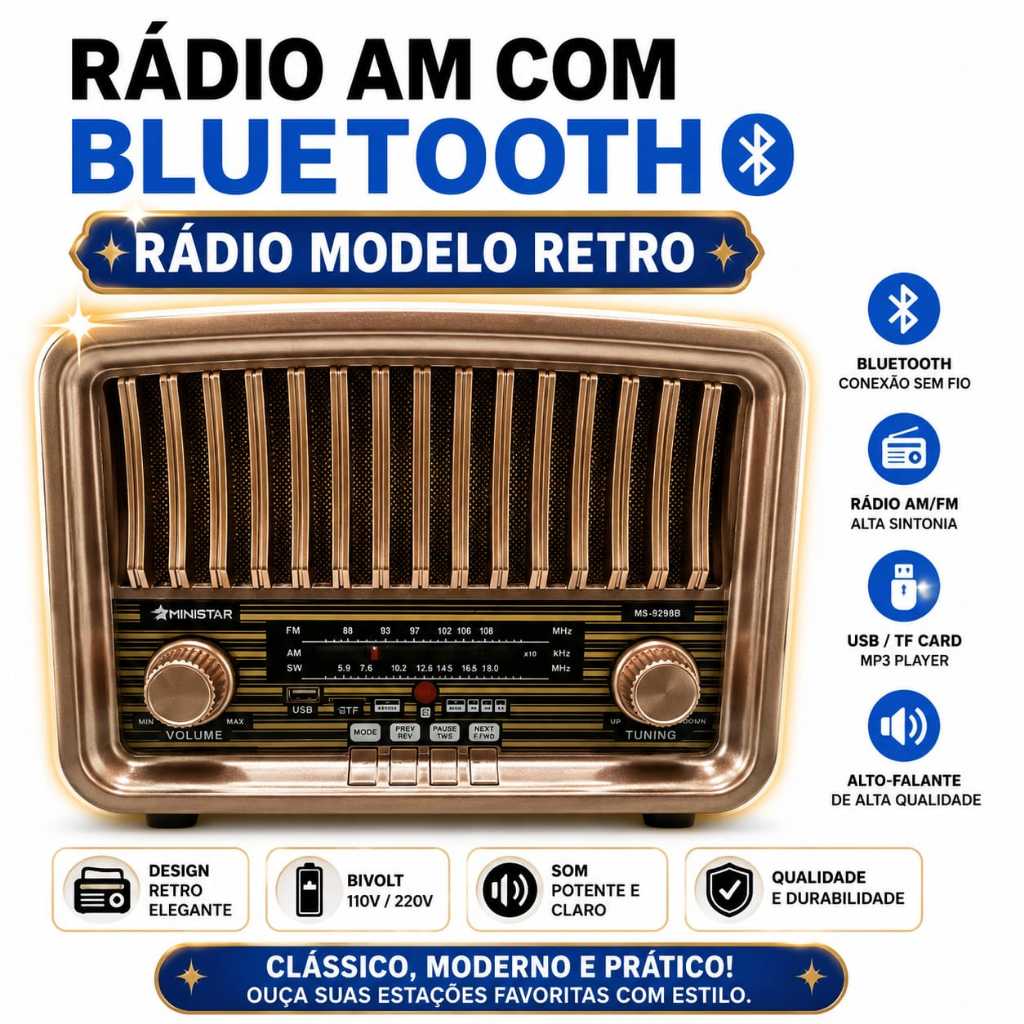 Rádio Am FM modelo retro pen drive bluetooth modelo 9229