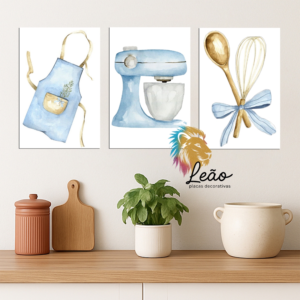 quadros para cozinha moderna - batedeira avental espatulas tosn azul - imagens aquarela - kit 3 placas 20x30cm