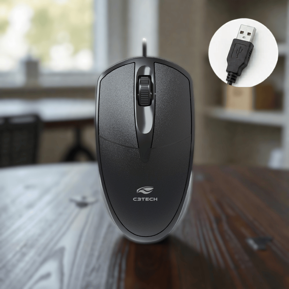 Mouse Com Fio USB - Durável, Ambidestro e Ergonômico - Ideal para Estudo e Trabalho - C3Tech MS-31BK