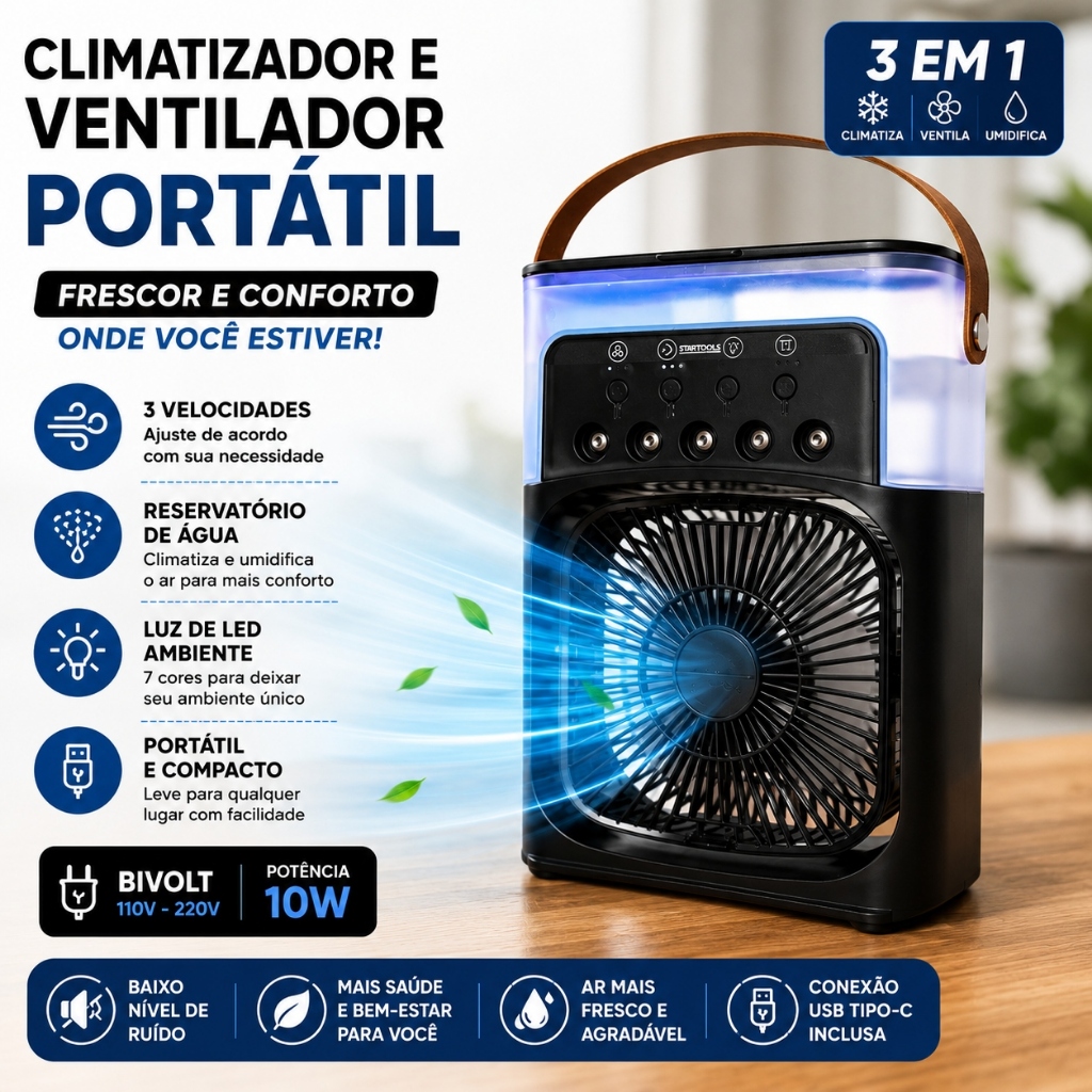 Climatizador Ventilador Portátil LED Bivolt 10W Umidificador Mini Ar Condicionado Preto USB