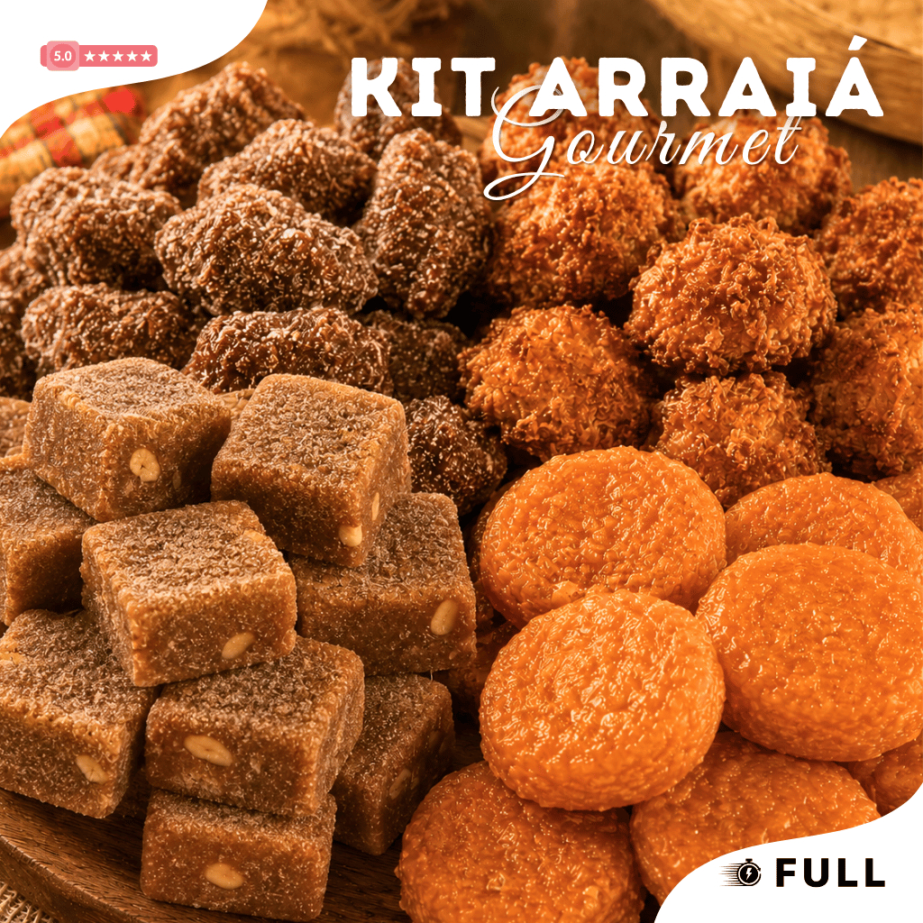 Kit Arraiá Brasileiro Doces Típicos com Cajuzinho, Cocada Queimada, Doce de Abóbora e Gibi 600g