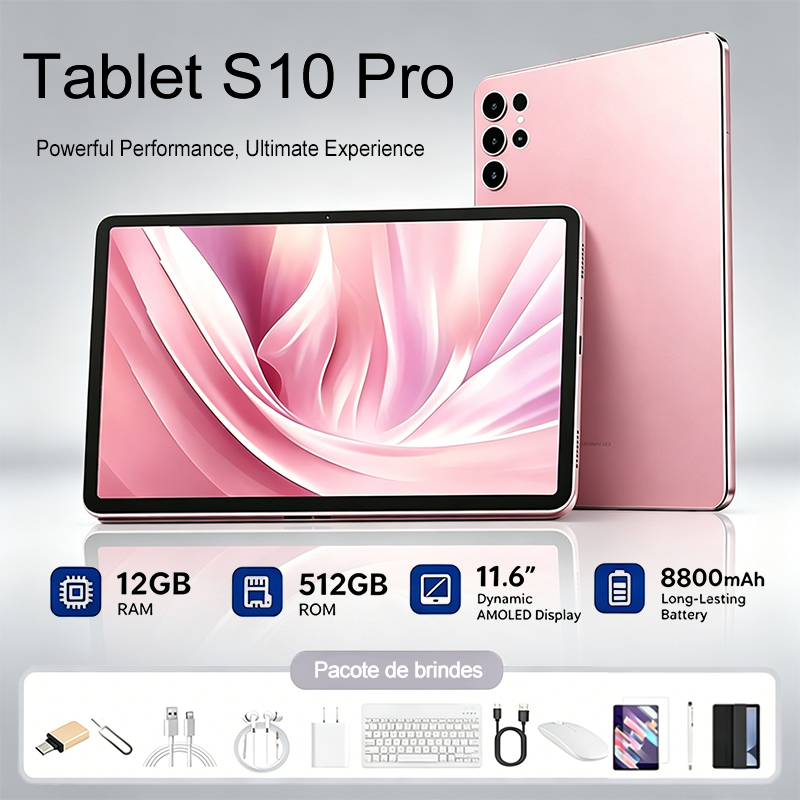 Combo com Teclado e Mouse Tablet S10 Pro Tela 11.6" 12GB RAM 512GB WiFi Bluetooth com Android 15
