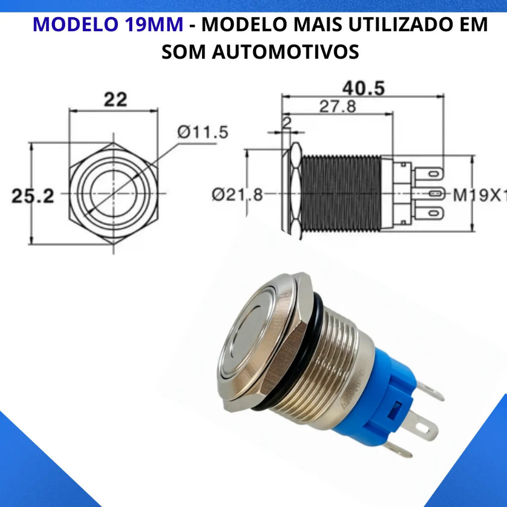 Botão On Off Inox 19mm Prata + Chicote Ligação 220v 3a Com Led Azul Vermelho Verde Branco 12v — imagem 2 de 2