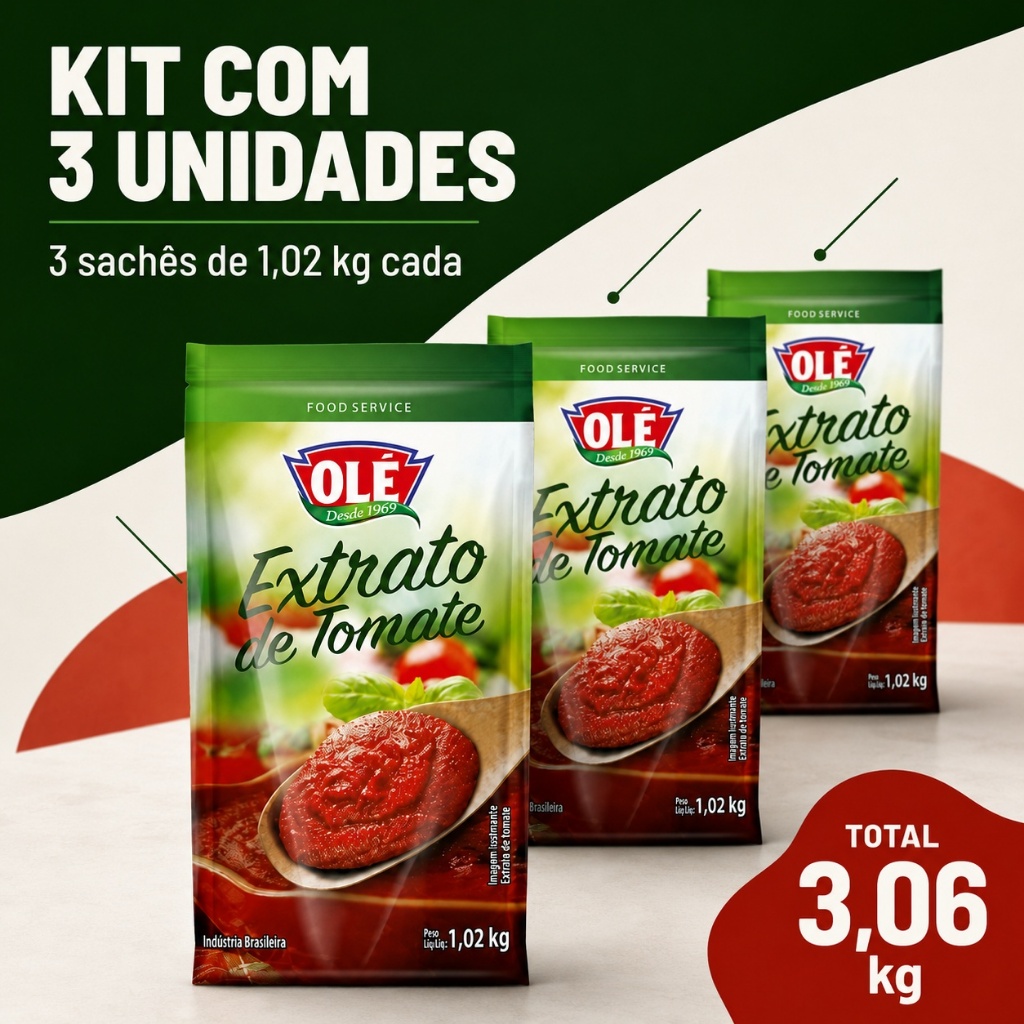 Kit 3 Sachês Extrato de Tomate Olé 1,02kg Concentrado Sem Glúten para Molhos e Cozinha