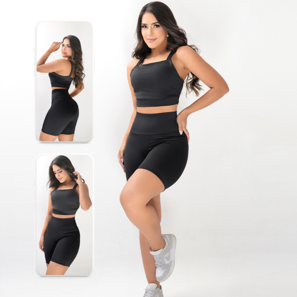 CONJUNTO FITNESS SHORT E TOP FEMININO CINTURA ALTA ALTA COMPRESSÃO SUPLEX MODELADOR ZERO TRANSPARÊNCIA ACADEMIA