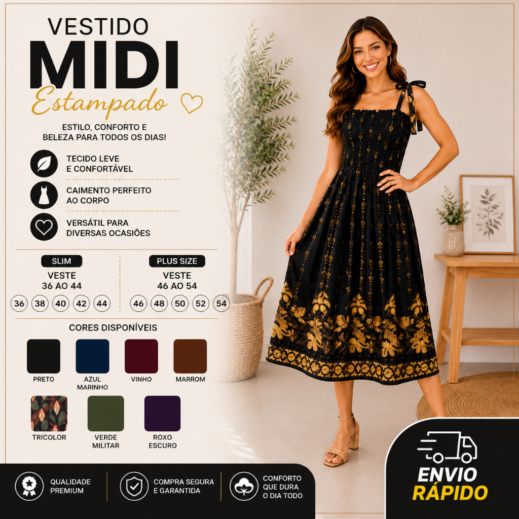 Vestido Midi Estampado com Alça de Amarração ajustável e Lastex no Busto Moda Feminina Elegante