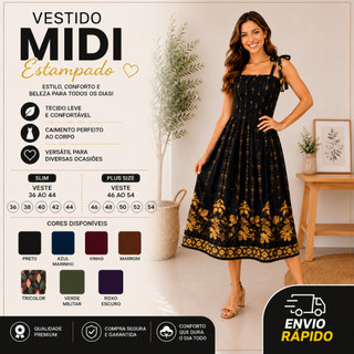 Vestido Midi Estampado com Alça de Amarração ajustável e Lastex no Busto Moda Feminina Elegante