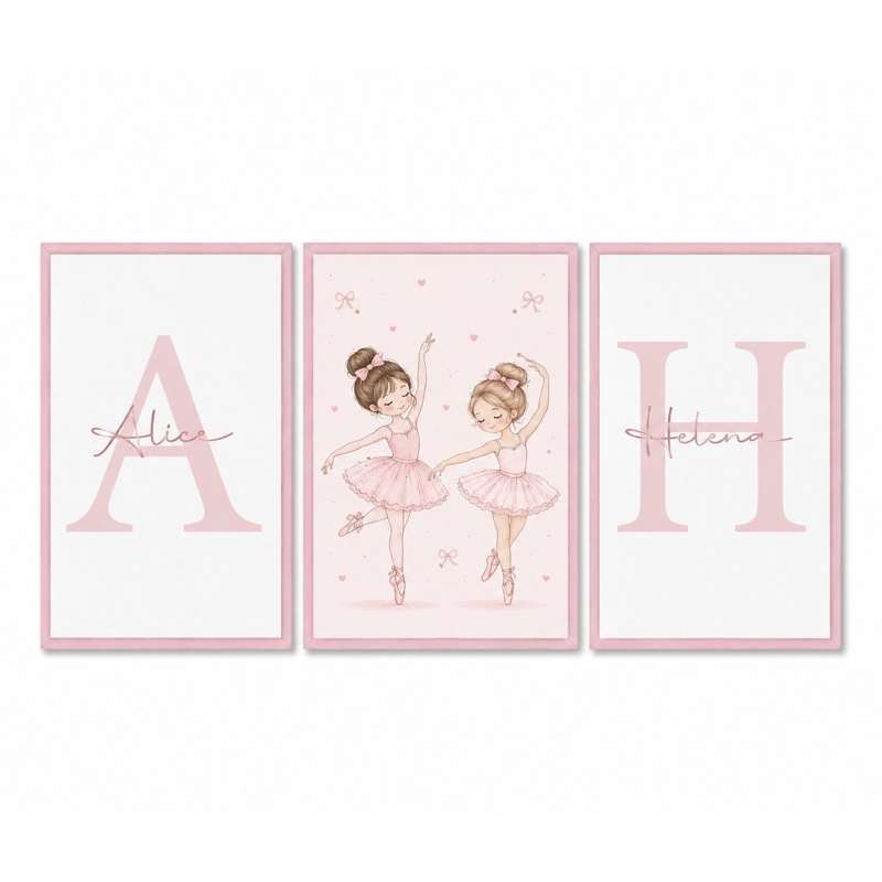 Quadrinhos Decorativos Bailarinas Irmãs Nome Tom Pastel Quarto Presente Crianças Balé Envio Imediato