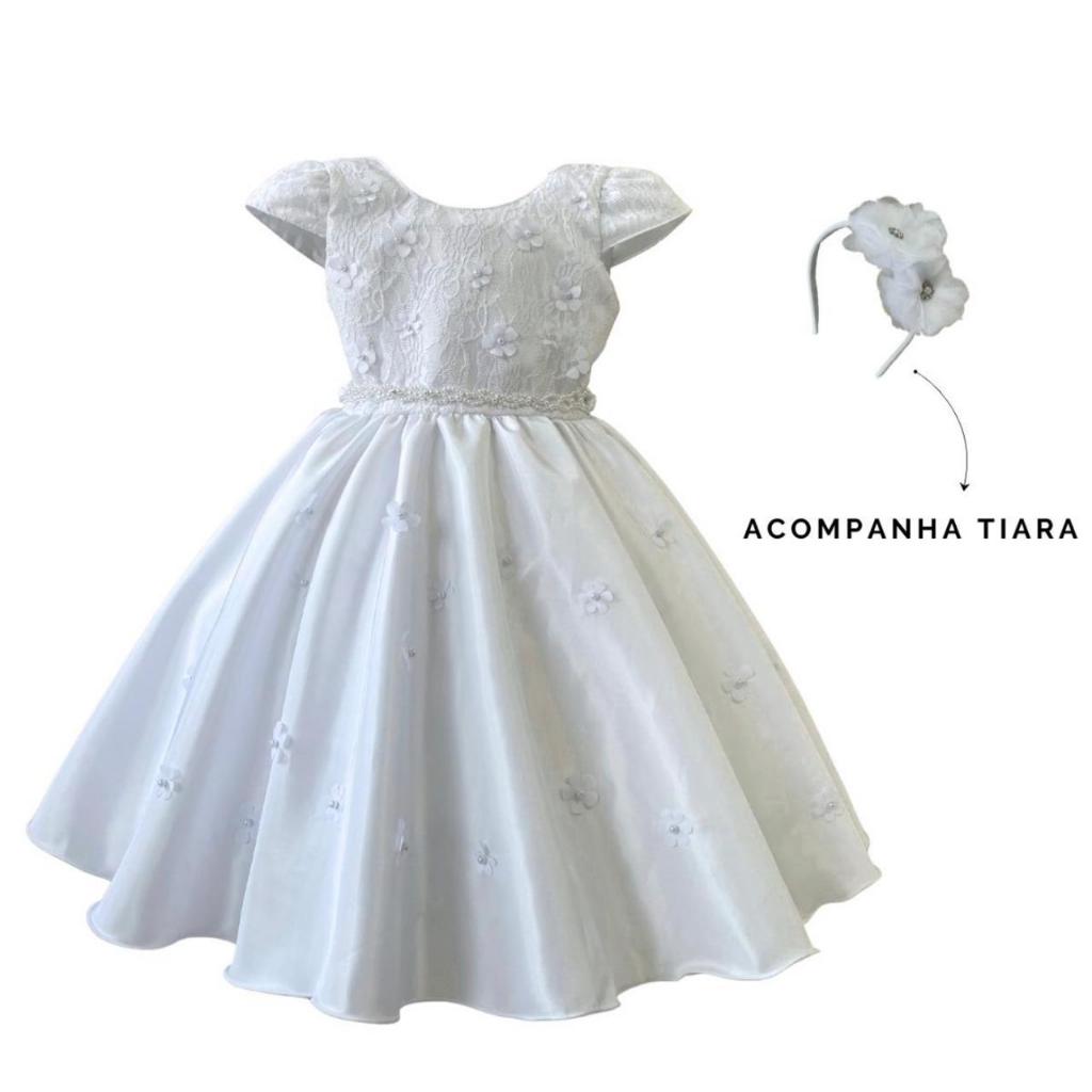 Vestido Festa Infantil Batizado Bebê e Infantil Aniversário Casamento Princesa Branco Borboletas