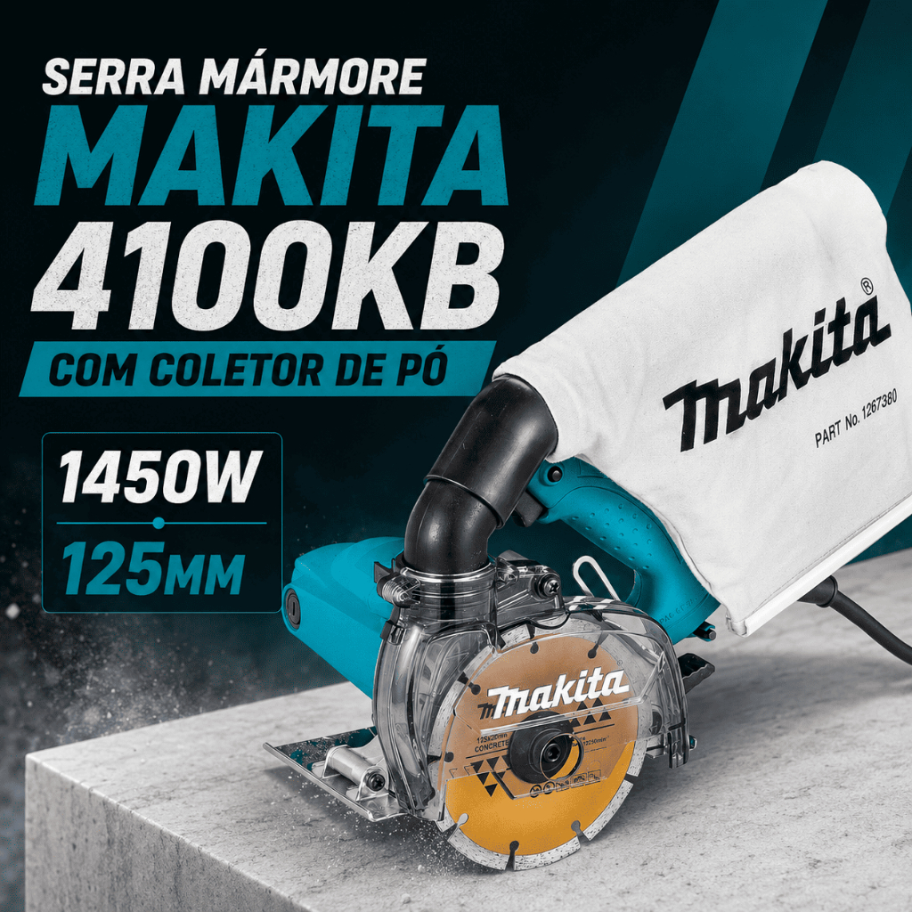 Serra Mármore Makita 4100KB 1450W 125mm 40mm com Saco Coletor e Disco Diamantado