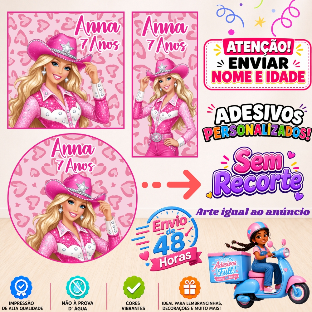 Barbie Boiadeira - 100/60/40 Adesivos Personalizados Lembrancinhas Festa Aniversário