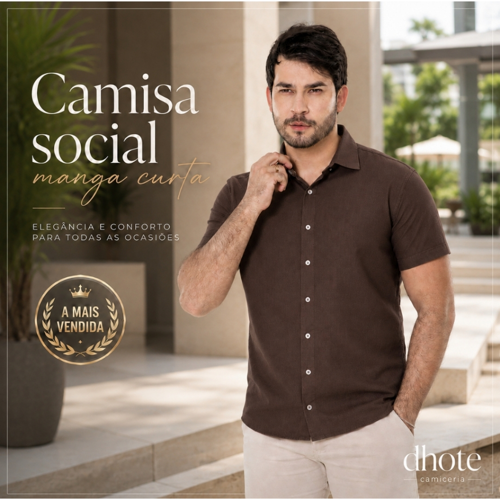 Camisa Manga Curta Algodão Trama de Linho Masculina Qualidade Premium