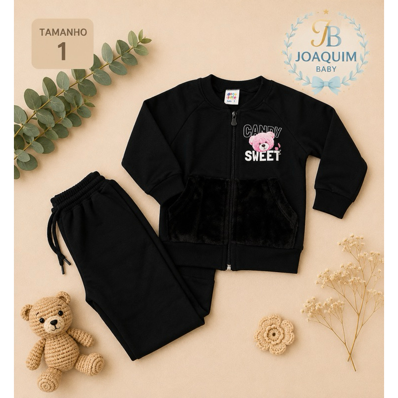 Conjunto Infantil Menina Jaqueta com Zíper e Calça Moletom Inverno Menina Urso Candy Sweet Tamanho 1