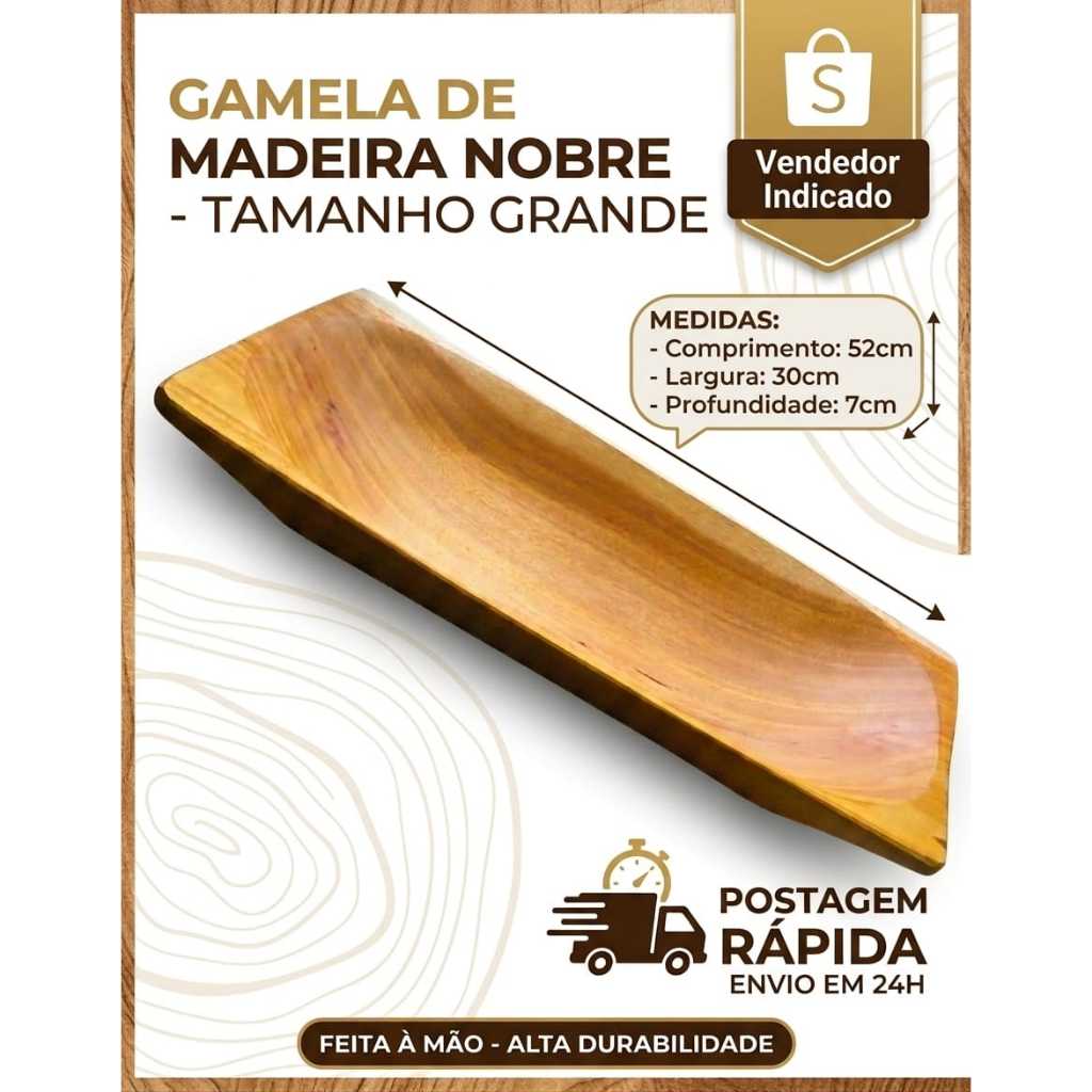 Gamela de Madeira Grande Retangular 52x30cm, Petiscos, Servir Porções, Decoração de Mesa Artesanal - Fruteira de Madeira
