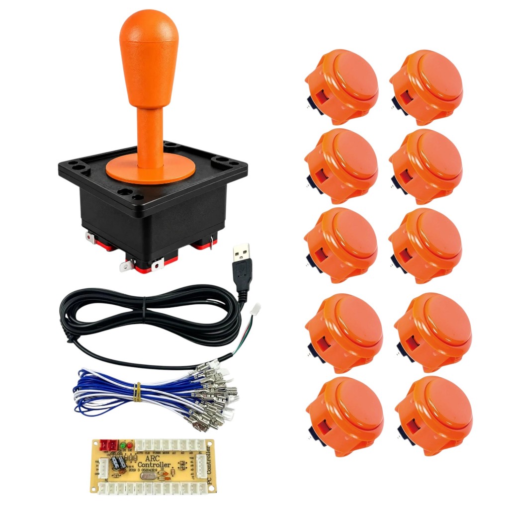 Kit 1 Comando e 10 Botões Laranja Tipo Sanwa 30mm Para Fliperama Arcade + 1 Placa Zero Delay