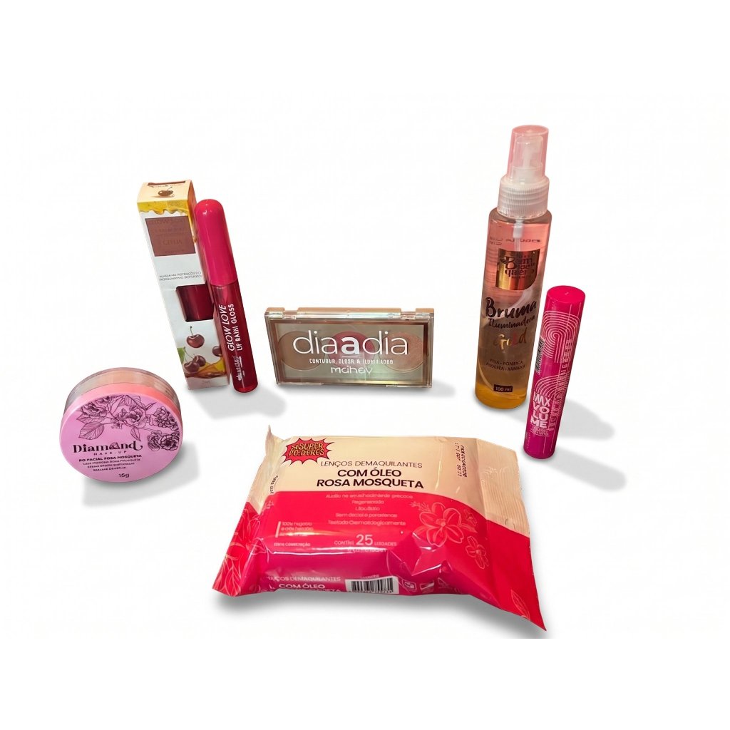Kit Maquiagem Completo Feminino Gloss Bruma Iluminadora Paleta Pó Facial Lenço Demaquilante