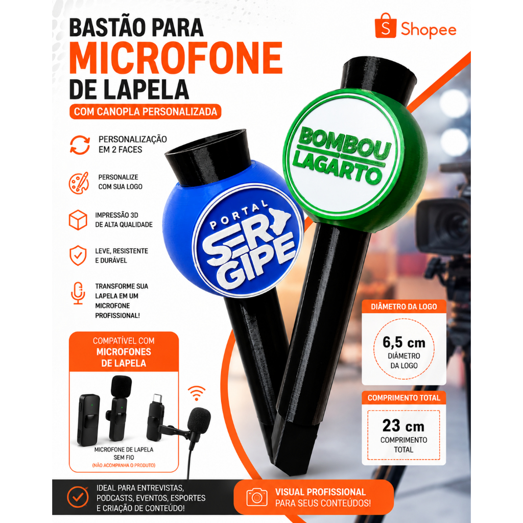 Bastão e Canopla REDONDA Microfone Personalizado – Rádio,Podcast, Igreja, mic lapela, lark m1 m2 (ENVIAR ARTE ANTES)