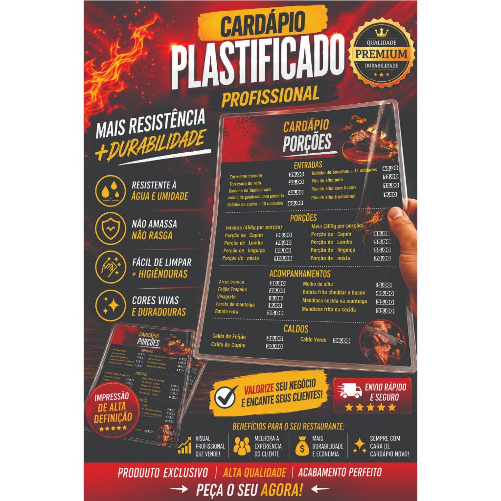 🔥 CARDÁPIO PLASTIFICADO PREMIUM PERSONALIZADO | PAPEL 240G | IMPRESSÃO HD FRENTE E VERSO | RESTAURANTE, HAMBURGUERIA,