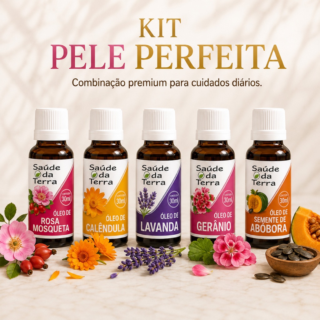 Kit 5 Óleos Essenciais Para Pele Rosa Mosqueta Calendula Lavanda Gerânio Semente de Abóbora 30ml
