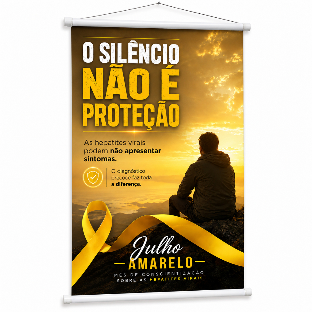 Banner Julho Amarelo Hepatites Virais Campanha Educativa produzido em lona. Cartaz Divulgação Hospital Clinica Pub1057
