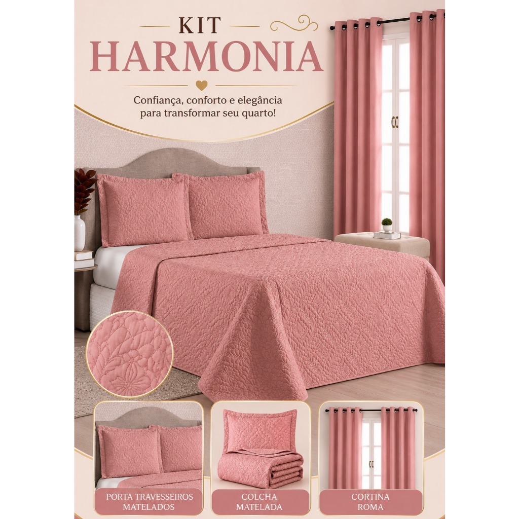 Kit Quarto Harmonia Premium – Cobre Leito Matelado Luxo + Cortina Roma 3M
