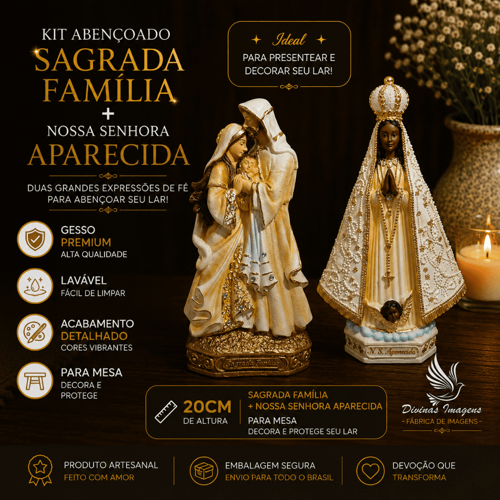 Nossa Senhora Aparecida + Sagrada Família 20cm Gesso Pintado Rico em Detalhes Fé para o Lar.