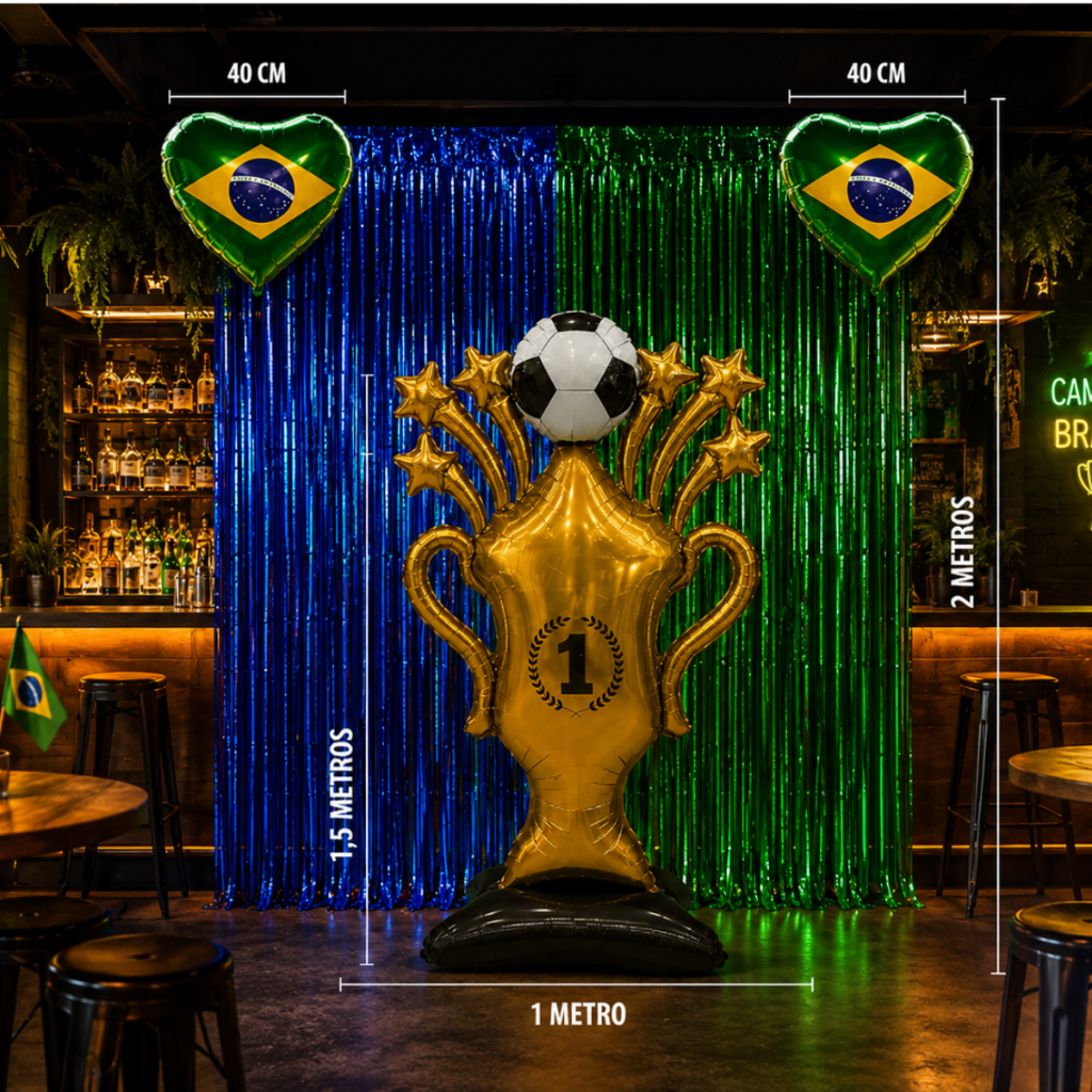 Super Kit Balão Taça Gigante dourada + 2 Balões Seleção + Cortinas Azul e Verde Copa Do Mundo Brasileira