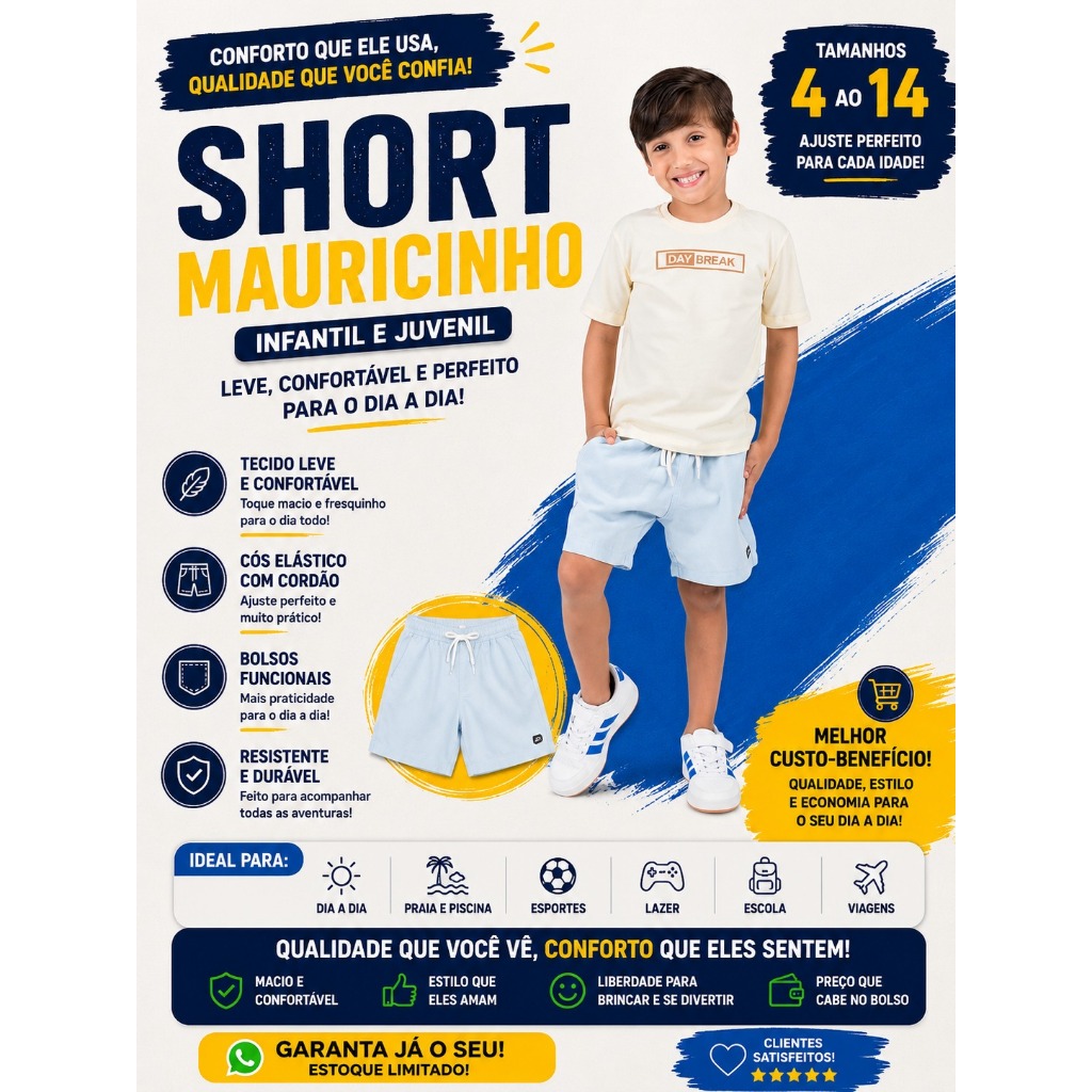 Short Masculino Infantil Mauricinho em Linho Estiloso, Confortavel e Qualidade premium juvenil