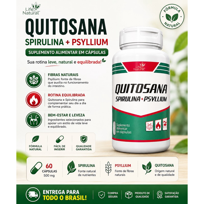 Quitosana + Spirulina + Psyllium – 60 /120/180Cápsulas