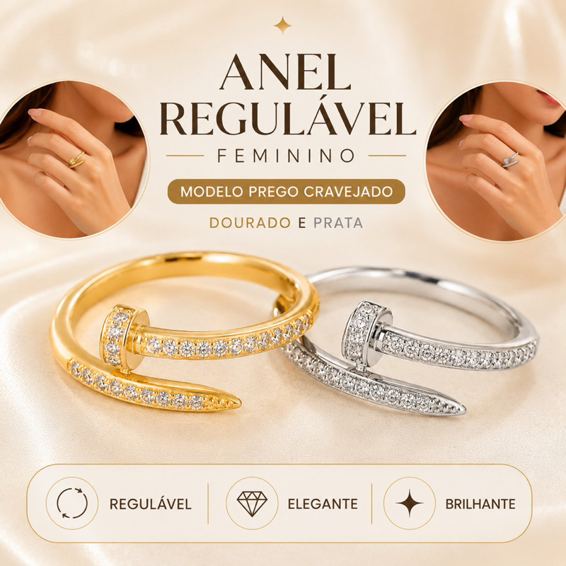 Anel Regulável Feminino Modelo Prego Cravejado Zircônia Dourado e Prata Ajustável