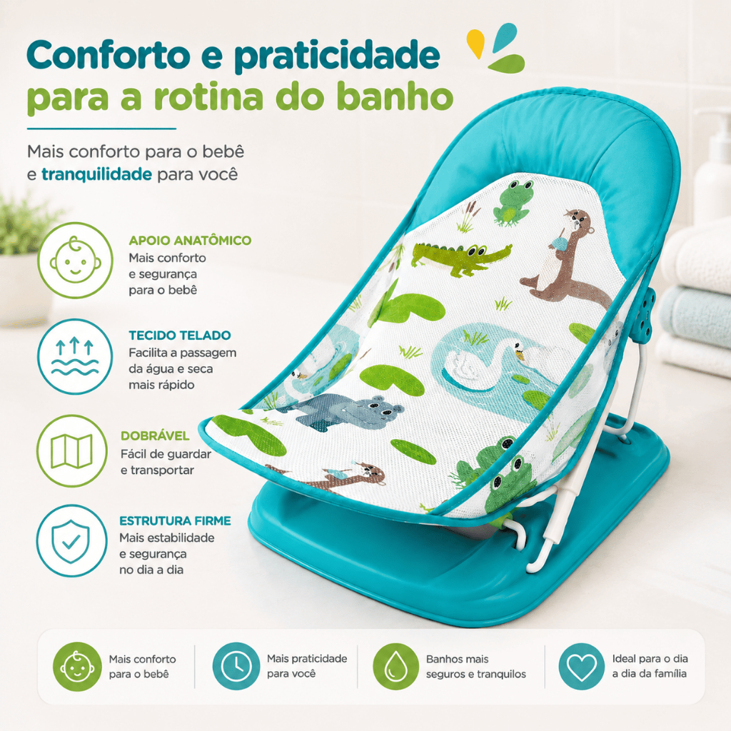 Cadeira de Banho Bebê Dobrável Suporte Infantil com Tecido Telado Assento Anatômico 0 Meses Verde