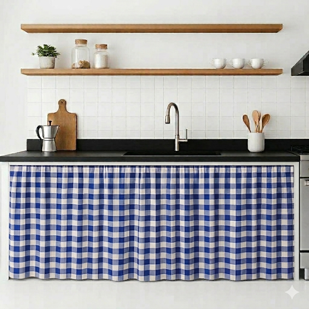 Cortina de Pia Xadrez 2 Peças 2,80x0,80 Cortininha saia de pia cuba lava louca tanque balcão Retro Azul