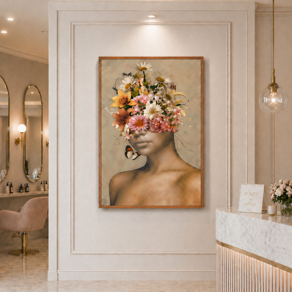 Quadro Decorativo Figura de Mulher com Flores Moldurado Decoração para Sala Quarto e Escritório