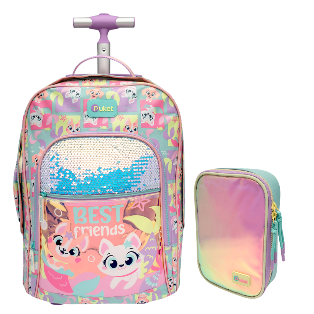 Kit Mochila Escolar Rodinha Pets e Estojo Color Puket